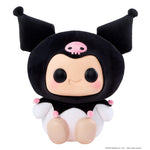 Kuromi has a black head cover with pink pom poms and a pink skull.