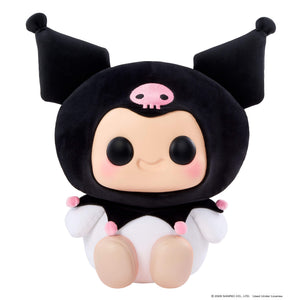 Kuromi has a black head cover with pink pom poms and a pink skull.