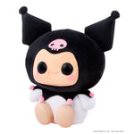 Kuromi sitting to the left with big black eyes on a white background