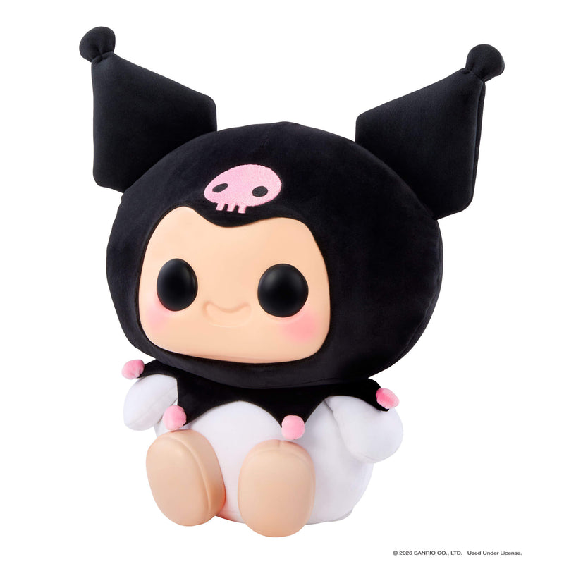 Kuromi sitting to the left with big black eyes on a white background