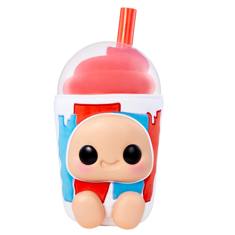 Cherry Icee cup with dome lid, red straw, face and feet on a white background.