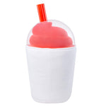 Back of cup is all white, dome lid to show Cherry Icee inside with red straw on a white background.