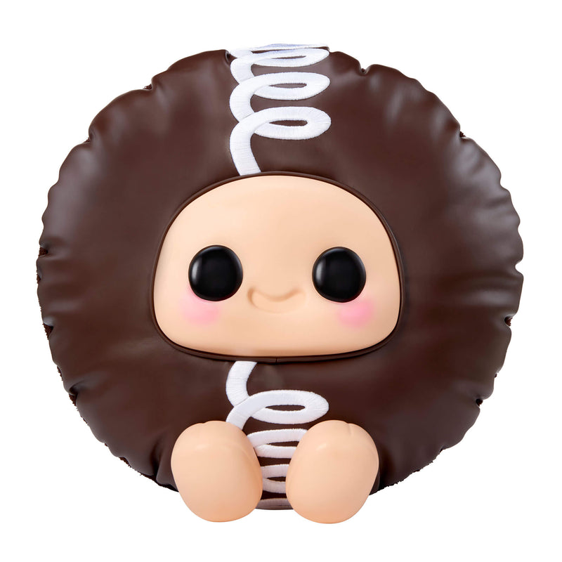 Chocolate Hostess cupcake with white swirl down center on a white background.