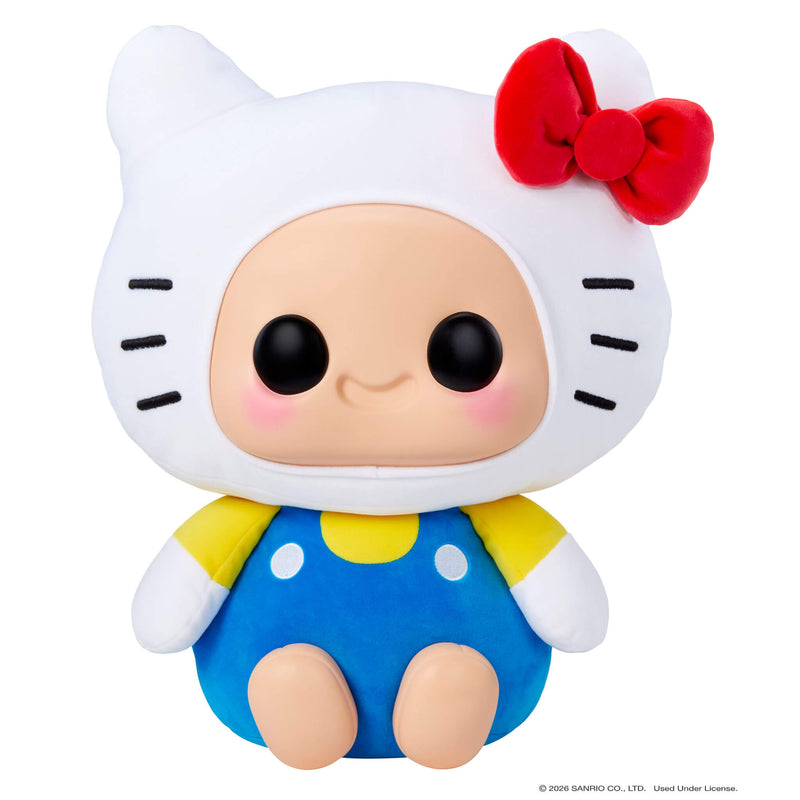 Hello Kitty with red bow on right ear wearing a blue jumper with yellow shirt on a white background.