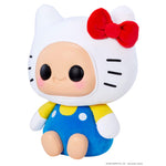Hello Kitty sitting to the left with big black eyes and a smile on a white background