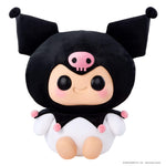 Kuromi has a black head cover with pink pom poms and a pink skull.