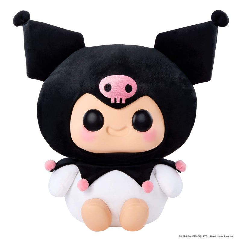 Kuromi has a black head cover with pink pom poms and a pink skull.