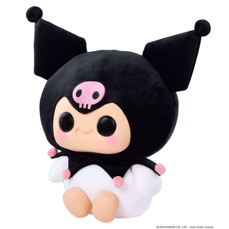 Kuromi sitting to the left with big black eyes on a white background