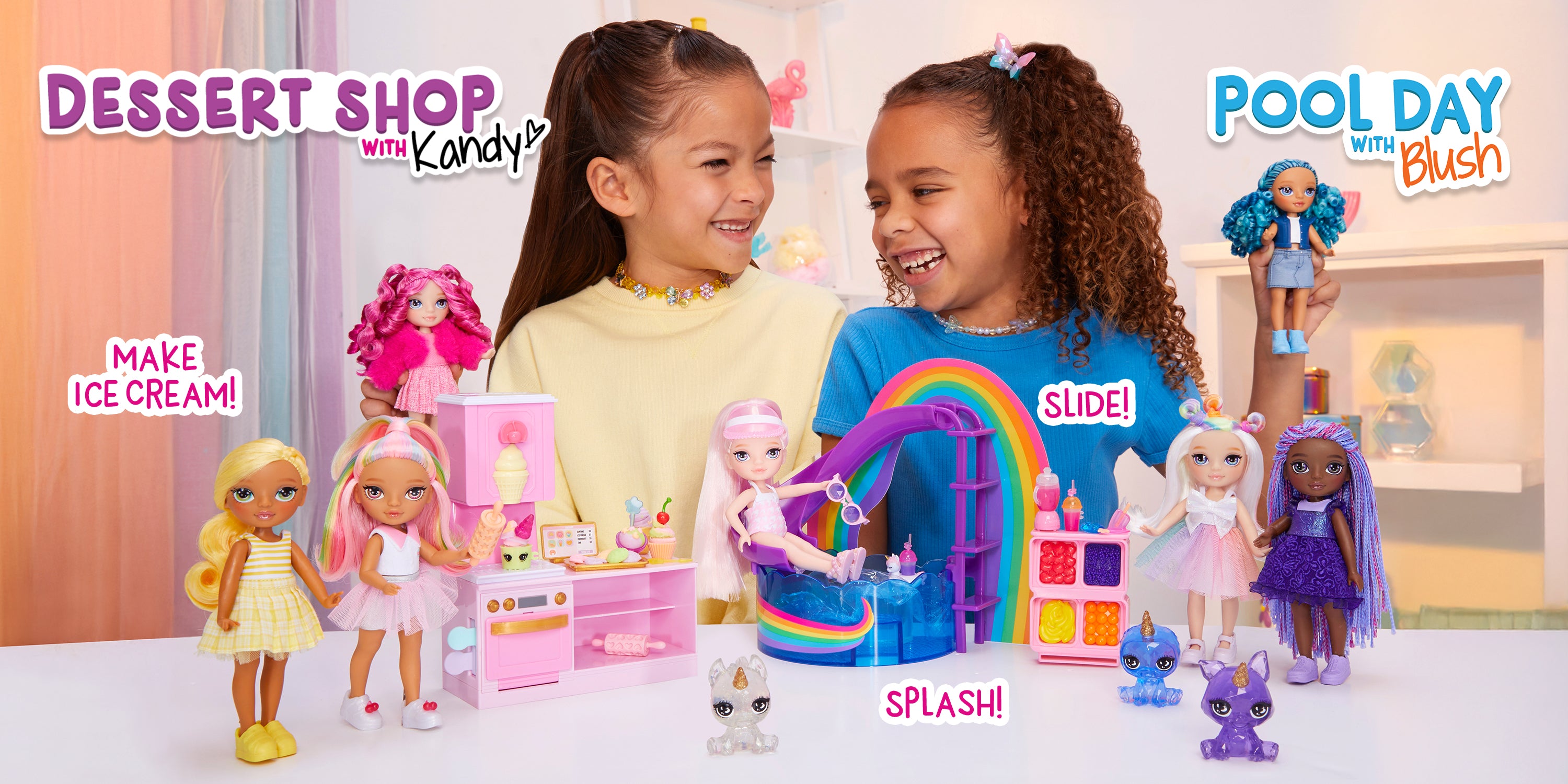 Two young girls playing with dolls in a dessert shop and pool day setting.