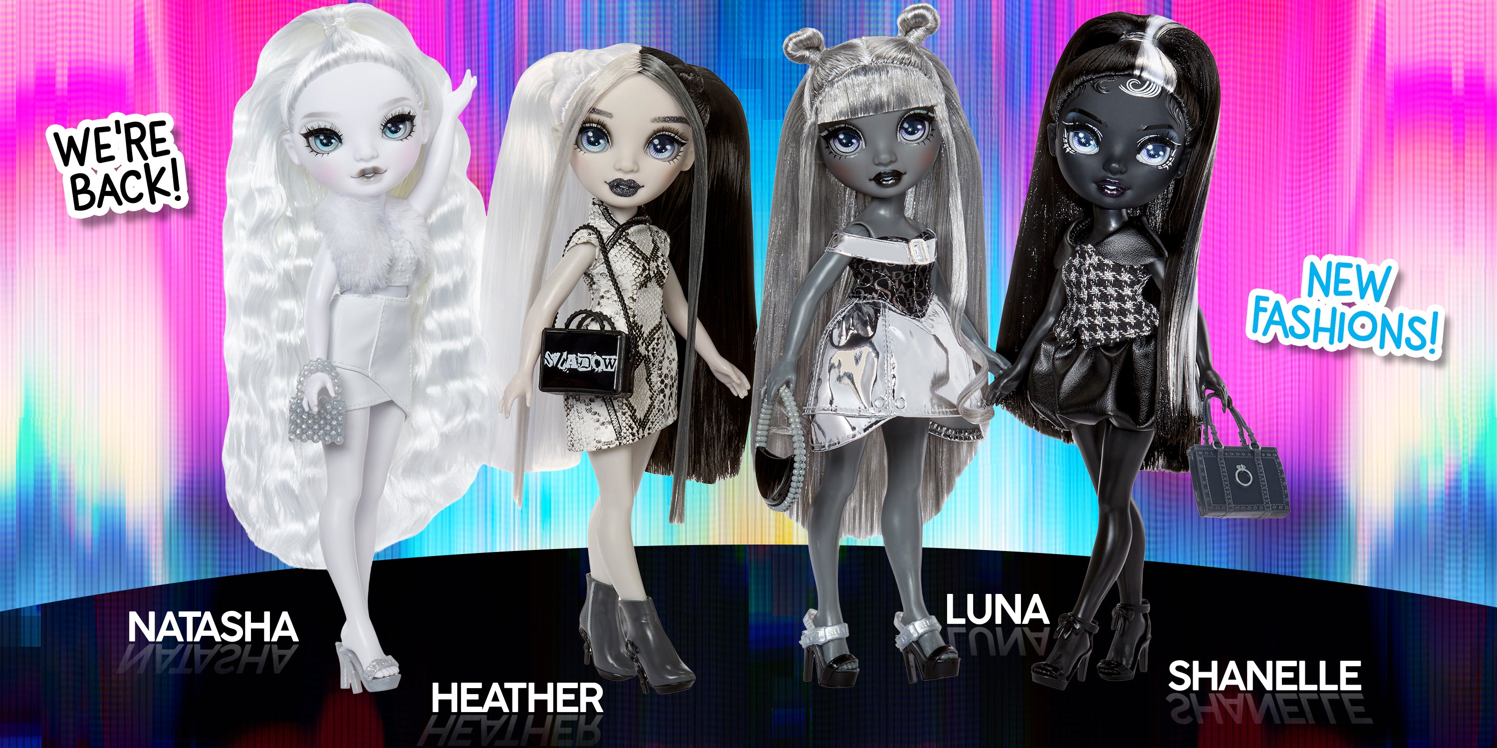 Four Shadow High dolls named Natasha, Heather, Luna, and Shanelle with colorful background and text indicating 'We're Back!' and 'New Fashions!'.