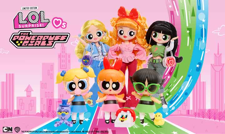 LOL Surprise Powerpuff Girls characters on a colorful slide with a cityscape background