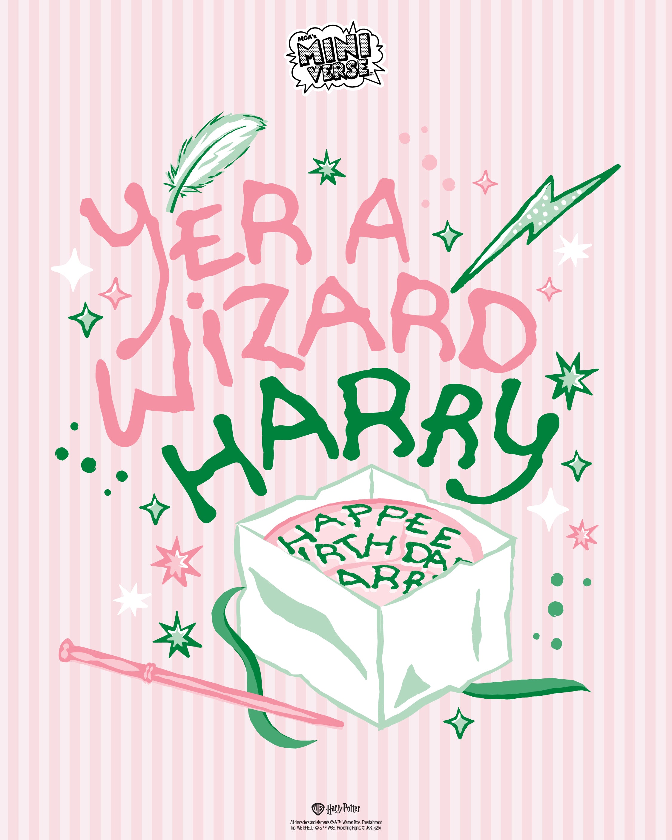 Happy birthday card with 'Yer a wizard Harry' text and magical elements on a pink striped background.