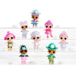 Set of eight small dolls with colorful outfits on a white background