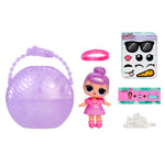 Toy doll with accessories including a purple ball, pink dress, sunglasses, and winking face stickers on a white background.