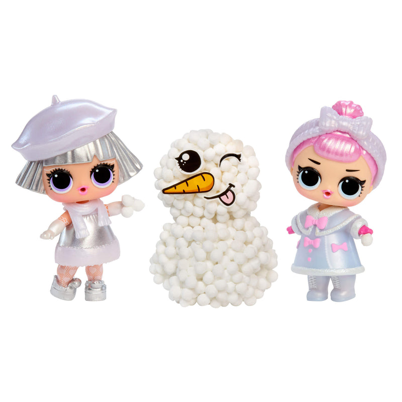 Two toy dolls with a snowman-like character on a white background