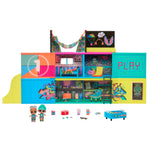 Colorful toy playset with dolls and accessories on a white background