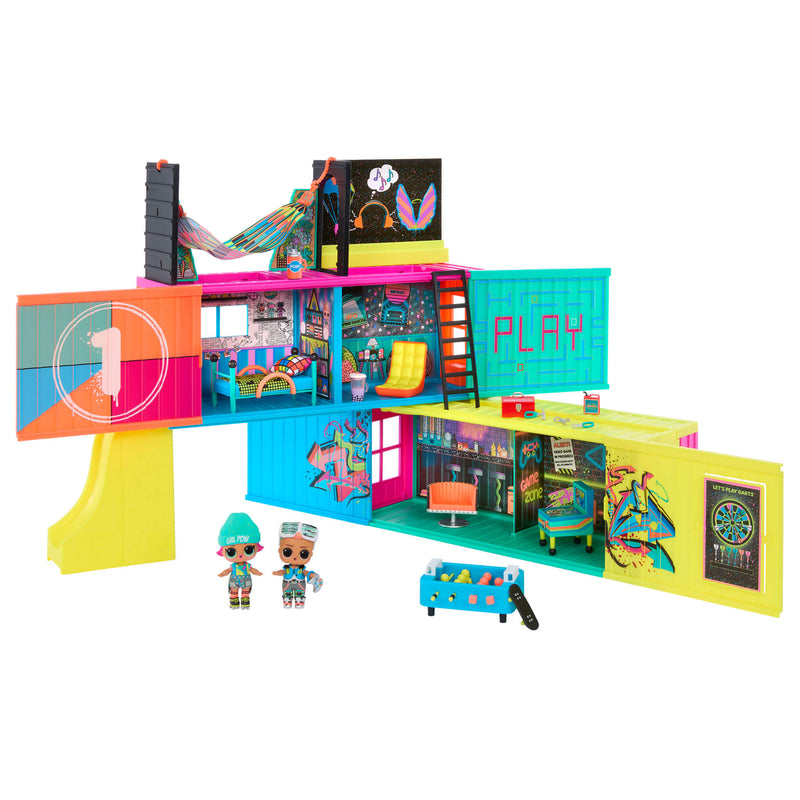 Colorful toy playset with multiple rooms and figures on a white background