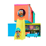Colorful toy playhouse with a slide and dolls on a white background