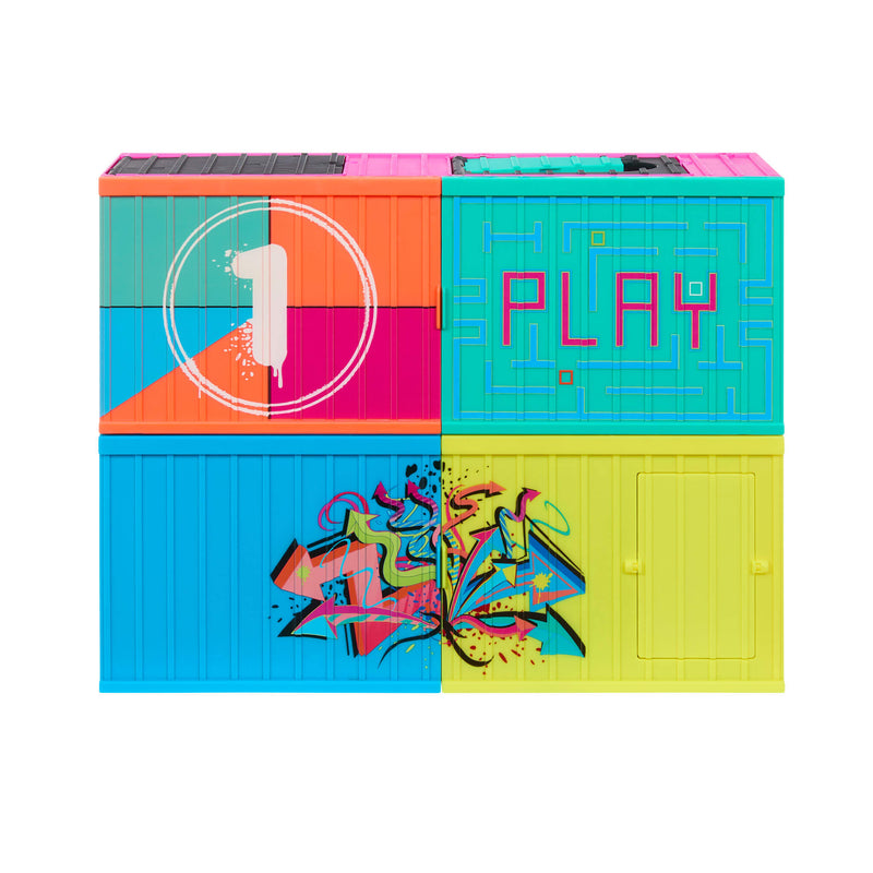 Colorful toy playset folded up with geometric designs and the word 'PLAY' on a white background