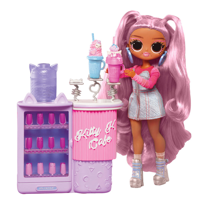 A pink and purple toy set with a doll and café set