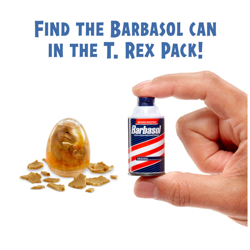 Find Barbasol can in the T Rex pack