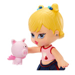 Toy figure of a girl with blonde hair holding a pink pig
