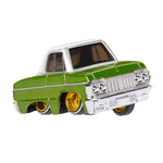 Green and white car with gold rims