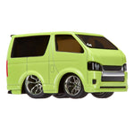 Green toy van with large wheels on a white background