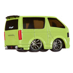 Green van with large wheels on a white background