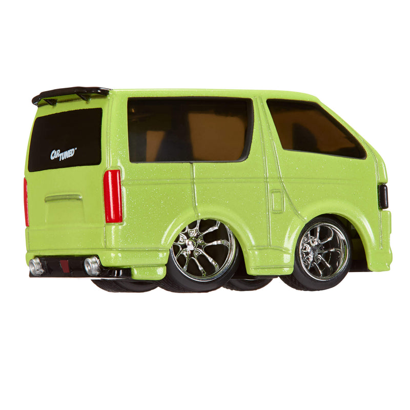 Green van with large wheels on a white background