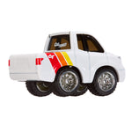 White toy truck with large wheels on a white background