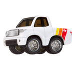 White toy truck with large wheels on a white background
