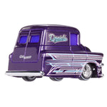 Purple toy van with 'Daniels' branding on a white background