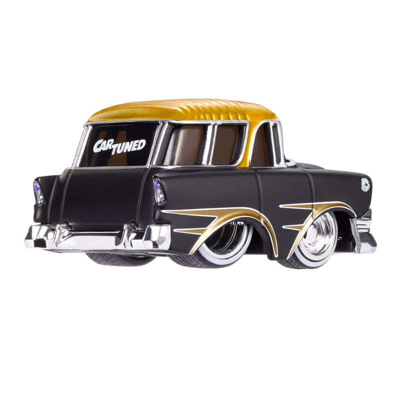 Car with a black and yellow design with CarTuned on back window on a white background