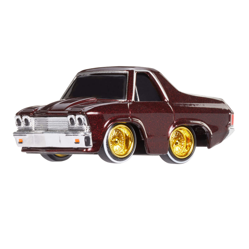 Chevy El Camino Lowrider with gold wheels on a white background