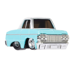 Chevy Impala toy car with a light blue body and chrome details on a white background