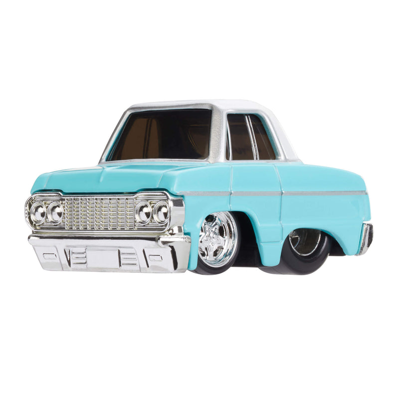 Chevy Impala car with a light blue body and chrome details on a white background