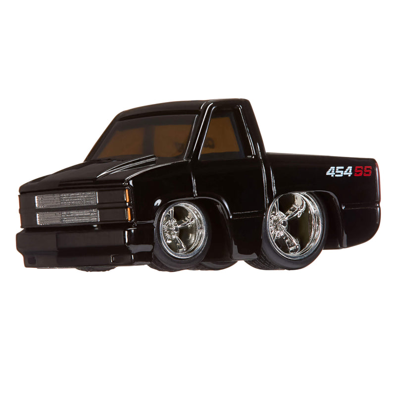 Black toy truck with chrome wheels on a white background