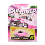 Pink '59 Cadillac El Dorado toy car in packaging with 'Car Tuned' branding.