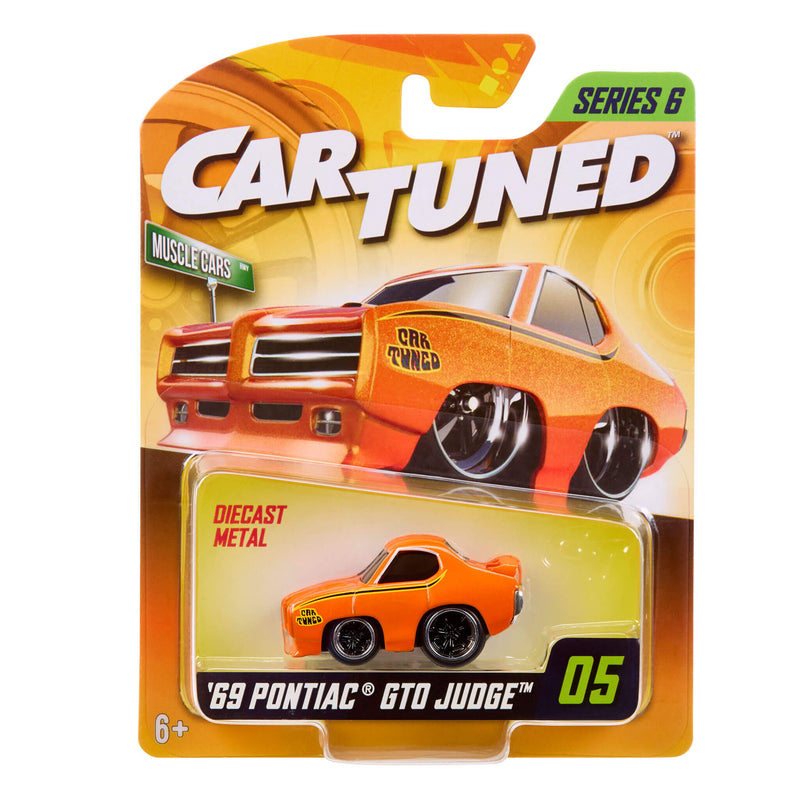Cartuned '69 Pontiac GTO Judge toy car in packaging on a white background