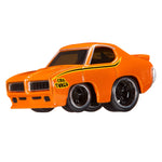 Orange toy car with black wheels on a white background