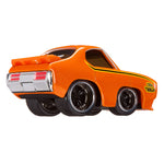Orange toy car with black wheels on a white background