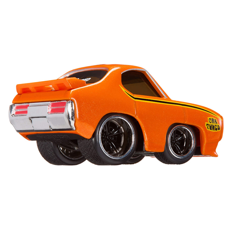 Orange toy car with black wheels on a white background