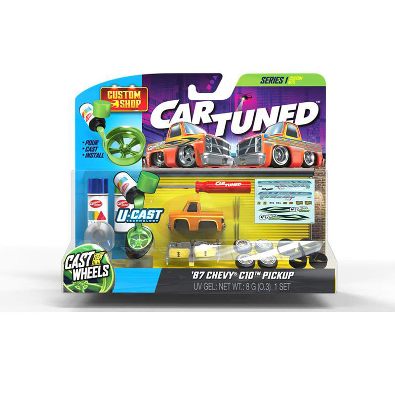 Toy car packaging with 'Car Tuned' branding on a white background