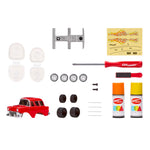 Collection of car parts and tools on a white background