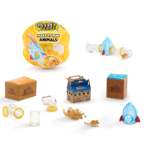 Miniature hamsters with accessories and packaging on a white background