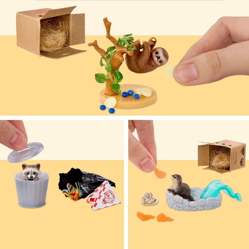 Three-panel collage showing miniature animal sets being demonstrated by human hands on a pale yellow background. The sets include a sloth hanging from a tree with a cardboard nest box, a raccoon in a trash can with food and a black trash bag, and an otter by a blue pond with food and a cardboard nest box.