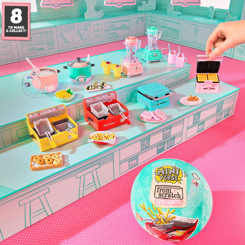 Toy kitchen set with miniature appliances and a hand reaching for a mini waffle maker, with a Mini World packaging in the foreground.