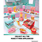Colorful toy kitchen set with various appliances and food items on a white background.