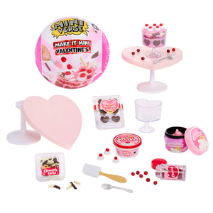 Valentine's Day themed miniatures including a heart-shaped cake stand, and various small items on a white background.
